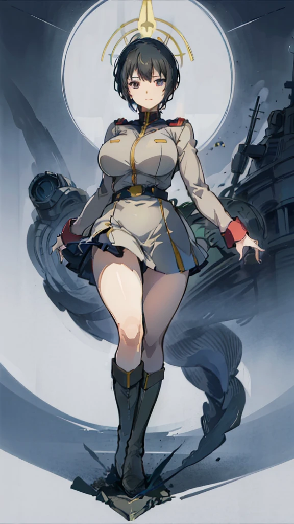 1 girl、Beautiful female officer of the Earth Federation Army、short black hair,Idol-level cuteness、Accurately draw faces、plump figure,Huge Breasts、Healthy Thighs Short Skirt Earth Federation Army、knee height、Battleship bridge interior、anatomically correct、Precise fingers、Precise leaf stone carving、Photoreal,Sunlight,Smile