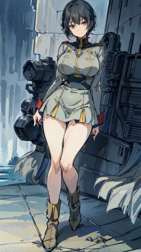 1 girl、Beautiful female officer of the Earth Federation Army、short black hair，Idol-level cuteness、Accurately draw faces、plump figure，Huge Breasts、Healthy Thighs Short Skirt Earth Federation Army、knee height、Battleship bridge interior、anatomically correct、Precise fingers、Precise leaf stone carving、Photoreal，Sunlight，Smile