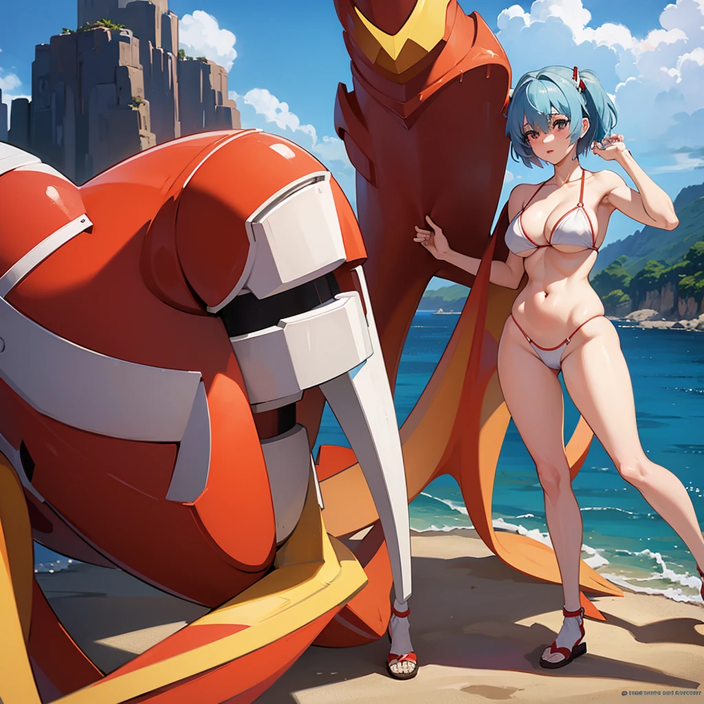 rei ayanami asuka langley kissing with big breasts and big thighs in bikini on the beach 