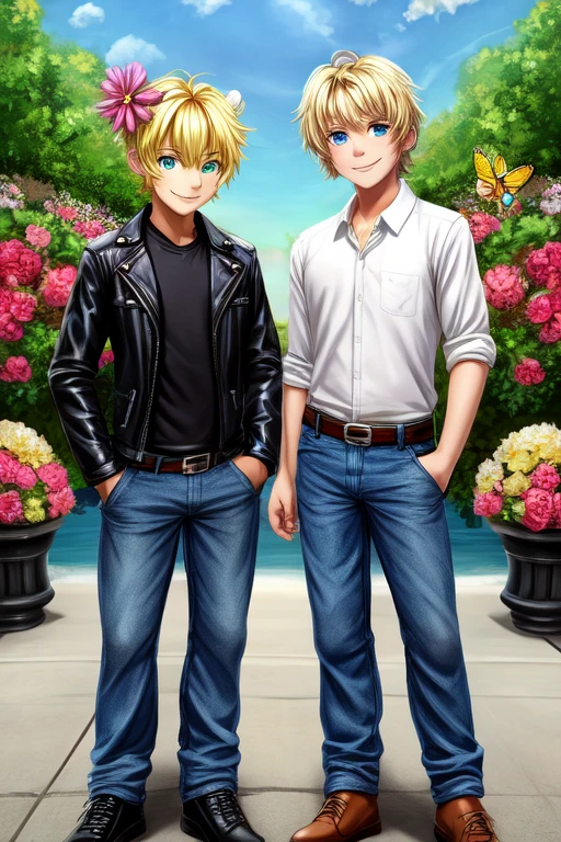 anime model of a blonde boy, with bright green eyes, dressed in a white shirt and blue jeans, shoes decorated with golden butterfly decorations, a cute and bright smile, a face as cute as that of a god and beautiful as the wings of a butterfly. along with his friend who is beautiful as flowers with his bright blue eyes and beautiful as diamonds, hair blue as the sea, and his face carved by the angels themselves and wears a black leather jacket, along with a cowboy pants and shoes. pure black leather
