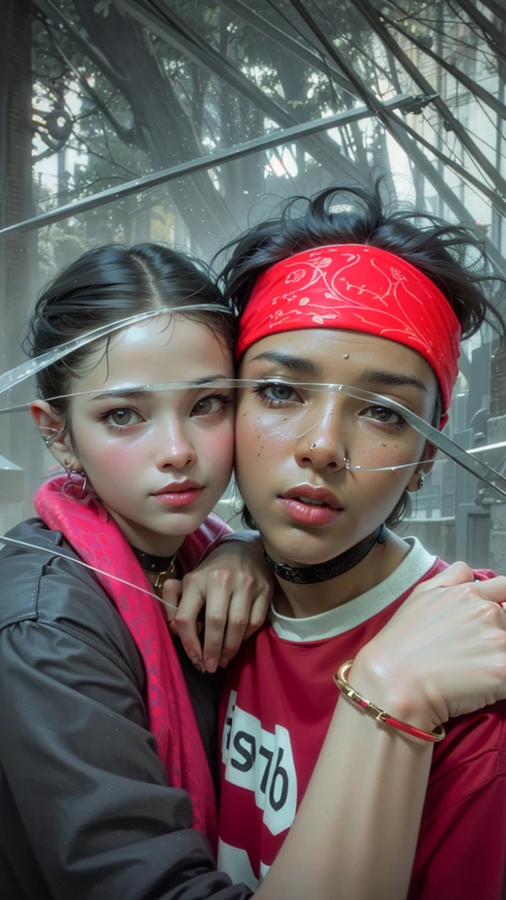 ultra realistic 8k cg, masterpiece, ((ultra detailed background, delicate pattern, intricate detail)), best quality, intricate details, chromatic aberration, 1girl, long hair, golden hair, messy hair, red highlights, hair over one eye, sharp eyes, choker, brick wall, graffiti, dim lighting, alley, oversized shirt,off shoulder, see through white shirt, Masterpiece, best quality