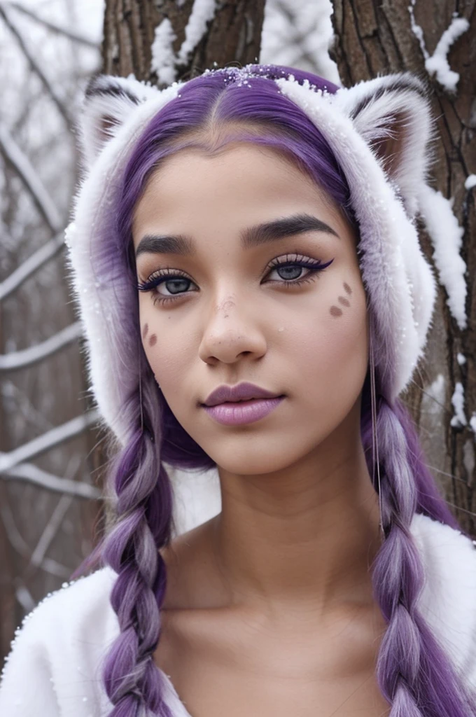 I have vitiligo on my skin violet eyes full lips ears and tail of a snow leopard long pearl hair I am a 19 year old woman 