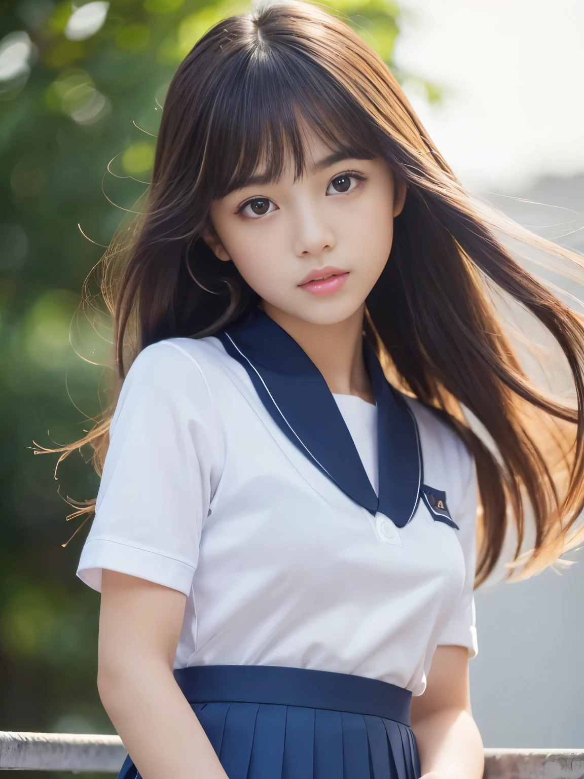 (Best-quality, Masterpiece, Ultra-High-Resolution, (Photorealistic:1.4), Raw Photo, depth of field, professional lighting, perfect anatomy, extremely details), 1girl, 15-years-old, the most famous Japanese idol, (wearing Japanese high-school uniform with summer-design, white short sleeves shirt, navy-blue long-pleated-skirt), ((((from below, looking down, panty-shot)))), (extremely cute face, (extremely cute big-eyes), extremely cute hair, extremely cute skins, extremely cute long-eyelashes, extremely cute lips), extremely cute body, extremely cute thighs