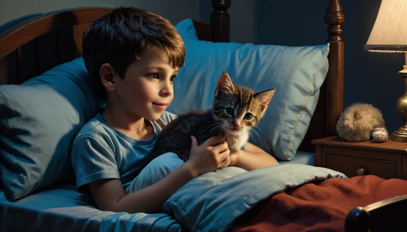 A boy is lying in bed with a kitten. A heartwarming scene at night.