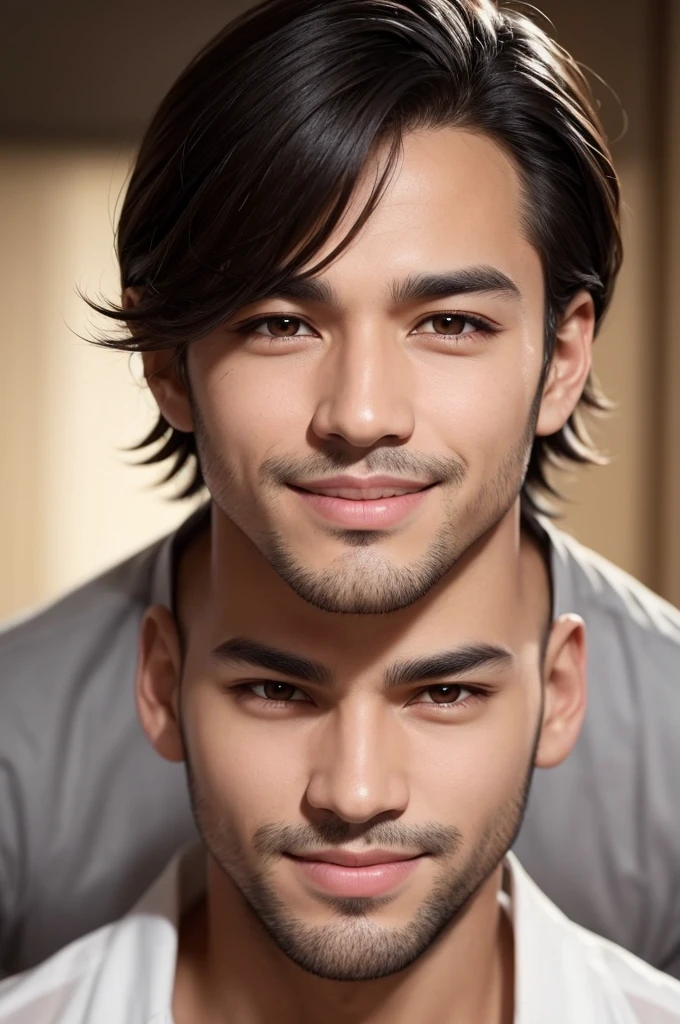 The face that is beautiful, with ivory-tanned skin and dark brown eyes. He has a playful smile, full lips and a pronounced chin. He also has a strong forehead, crooked nose and disheveled black hair, messy and tousled in a modern wolf cut style. 