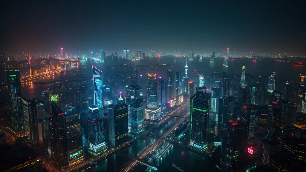 "The scene opens with a panoramic view of Shanghai at night. Heavy rain pours down, creating a reflective sheen on the streets. The city's neon lights and towering skyscrapers are partially obscured by the rain, creating a moody and atmospheric setting."