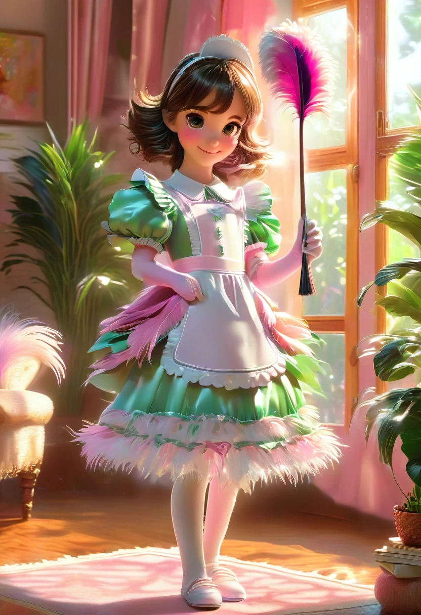 a femboy wearing a pink and white frilly maid dress, holding a feather duster, standing in a bright and cozy living room with a large window, sunlight streaming in, plants and books in the background, cute and innocent expression, highly detailed, 8k, photorealistic, studio lighting, vibrant colors, beautiful