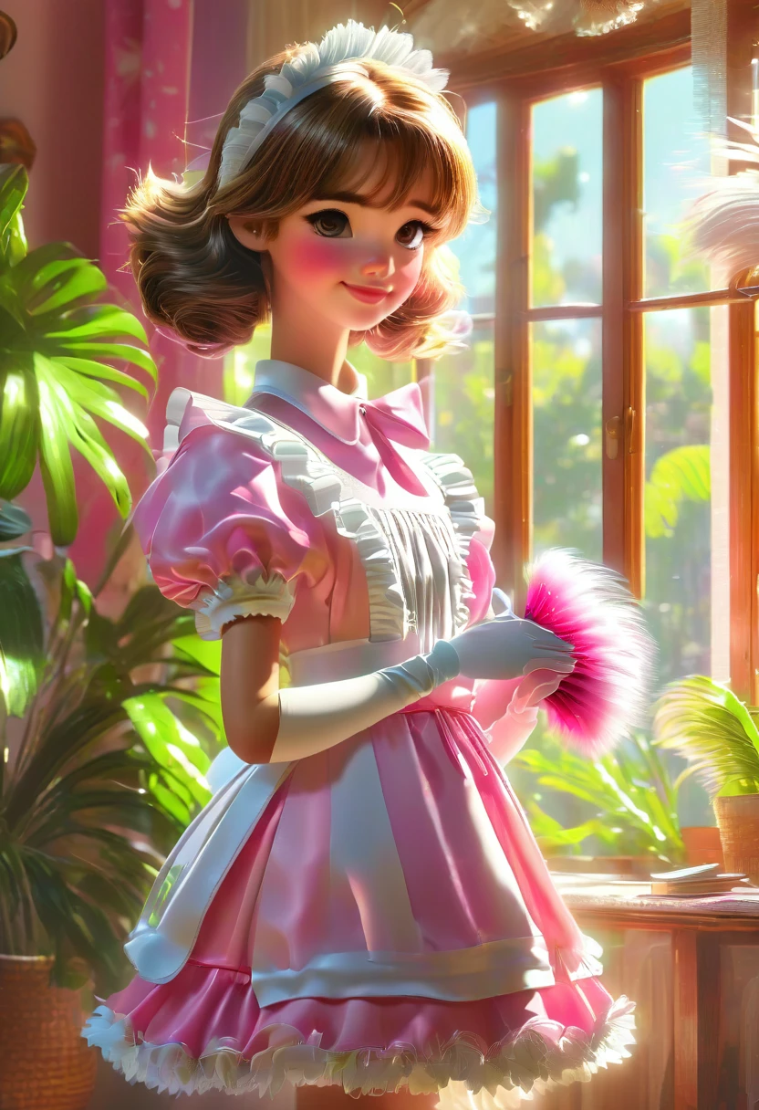 a femboy wearing a pink and white frilly maid dress, holding a feather duster, standing in a bright and cozy living room with a large window, sunlight streaming in, plants and books in the background, cute and innocent expression, highly detailed, 8k, photorealistic, studio lighting, vibrant colors, beautiful