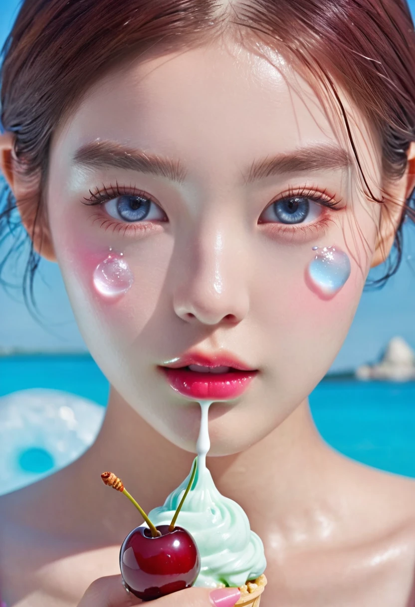 Summer ice cream girl,Dopamine age, Cool summer days,Ice cubes,Ice cream,cherry,The watery girl,Delicate skin,Hydration,Shiny,Shiny,dream,Front view,bust,pearl