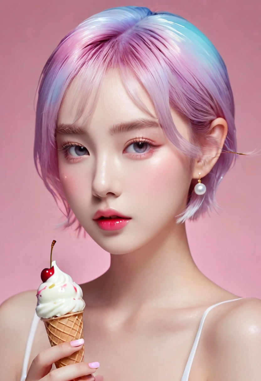 Summer ice cream girl，Dopamine age， Cool summer days，Ice cubes，Ice cream，cherry，The watery girl，Delicate skin，Hydration，Shiny，Shiny，dream，Front view，bust，pearl