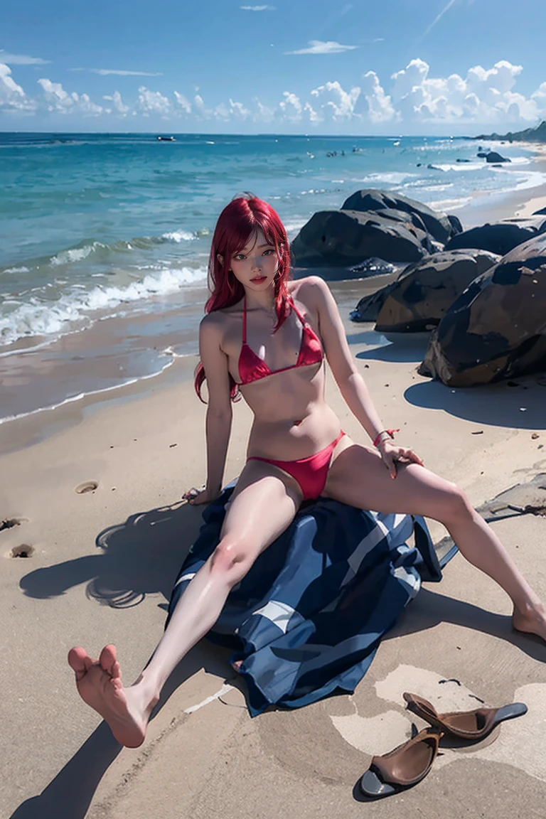 18 year old girl lying on the beach，spread your legs to the left and right，sexual expression，big erect chest ，Transparent 3-piece mini bikini swimsuit，Panties up to the crotch，Long bright pink hair， Looking at the camera，Full Body Shot,Centered,Wild feeling