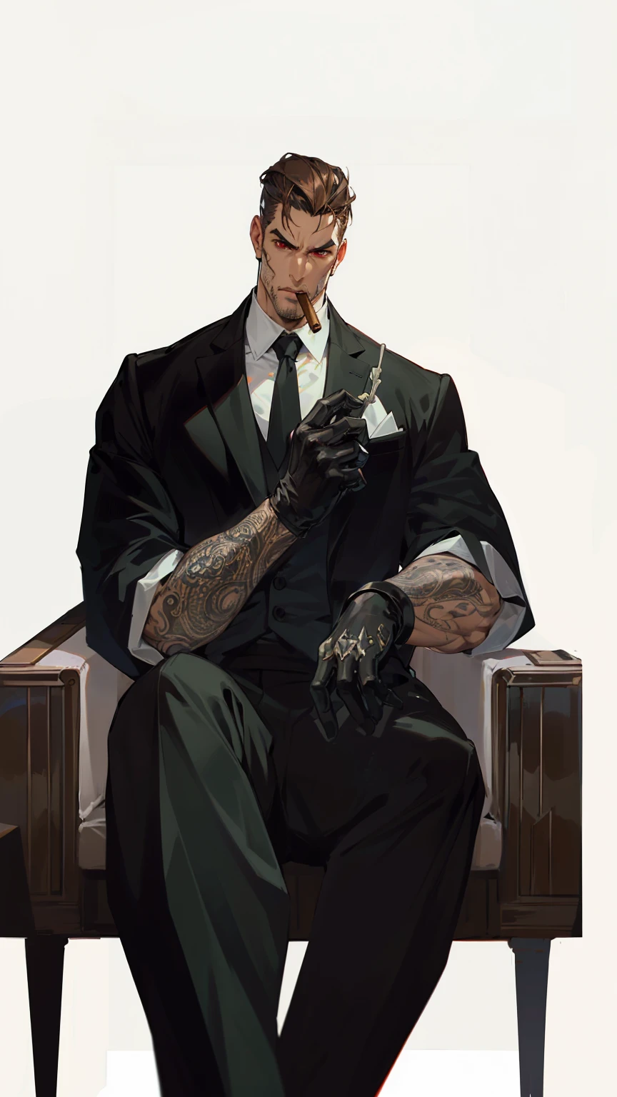 Mafia, male, 45 years old, exuding a dangerous aura, white skin, well-proportioned figure, handsome face, ivory skin, strong physique, red eyes, brown hair, prominent eyebrows, intricate and detailed retro gun tattoos on both arms, black jacket, pants and gloves, and a stern face. A cigar is biting on his mouth, anime