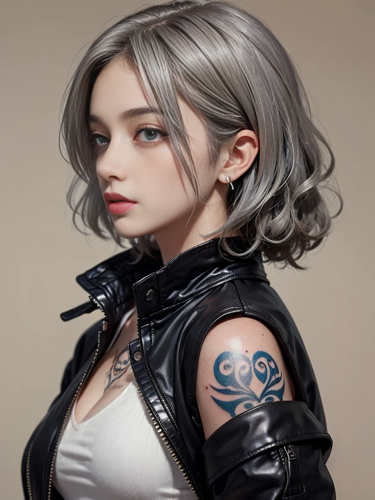 (((masterpiece)), ((best quality)), (ultra-detailed), ((extremely detailed)), 4K, (8K), best quality, a beautiful woman, (( gray hair)), ((curly bob cut)), hair in 7 thirds, light blue eyes, detailed skin, freckled skin, 20 years old, ((wavy hair)), ((hair over one ear)), ((Forehead)), ((1girl, solo)), 　from side, ((large tattoo on neck)), beautiful profile, looking away, beautiful neck, black jacket, jacket style, solid beige background