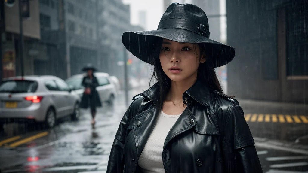 "A lone woman, dressed in a dark trench coat and a wide-brimmed hat, walks briskly through the rain-soaked streets. She occasionally glances over her shoulder, her expression tense and alert. The camera zooms in on her face, revealing her determined yet worried eyes."