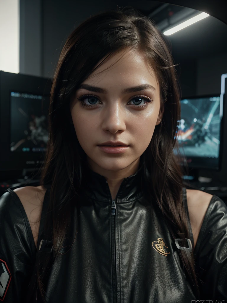 a beautiful gamer woman, third person view, playing video games, highly detailed face and expression, beautiful detailed eyes, beautiful detailed lips, extremely detailed eyes and face, long eyelashes, elegant posture, gaming chair, gaming setup, high-end gaming PC, complex gaming environment, vivid colors, dramatic lighting, cinematic composition, photorealistic, 8k, best quality, masterpiece, digital painting