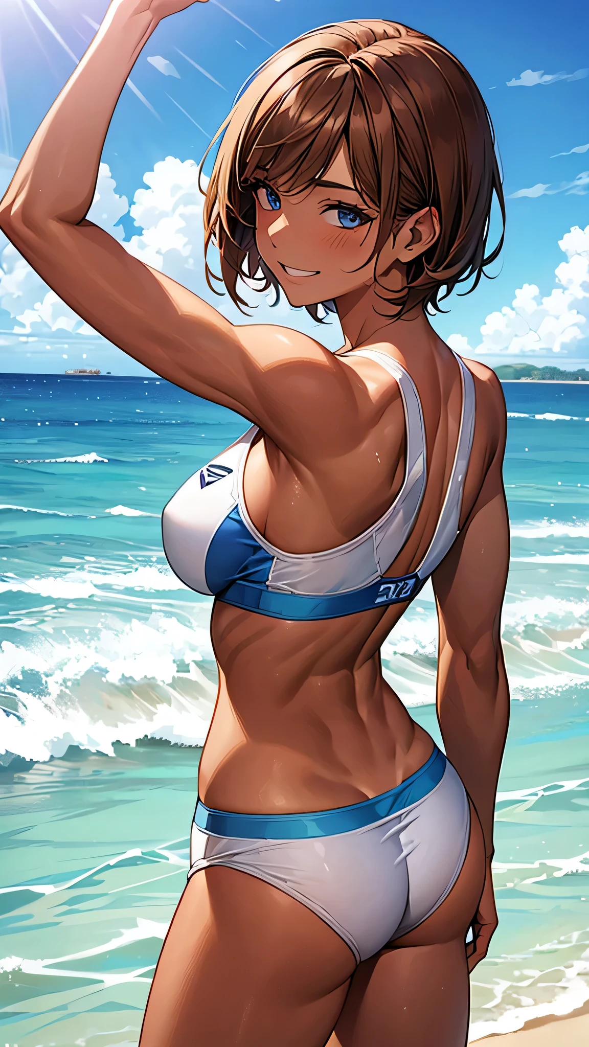 highest quality、Realistic、female、zoom、Chestnut Hair、Blue Eyes、short hair、athlete、muscle、Swimwear、athlete、muscle、Abdominal muscles、Sunburned、Tan、Brown Skin、Back view、Looking back、smile、Ocean、Looking down、、Bust Shot、