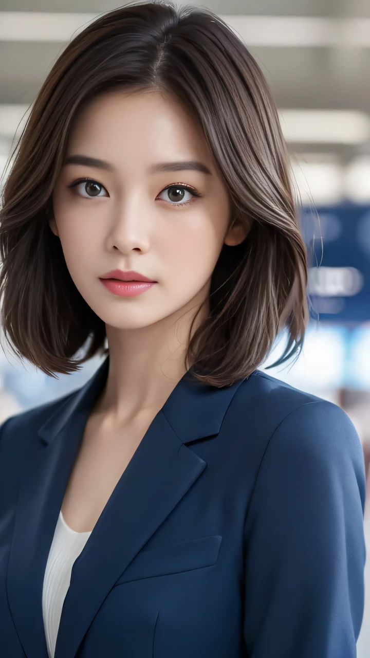 ((Top quality, 8K, masterpiece: 1.3)), Upper Body, Beautiful woman, Single Ladies, fit: 1.1, Dark brown hair, Blue Suit, Super detailed face, Detailed lips, delicate eyes, Double eyelids, Airport background