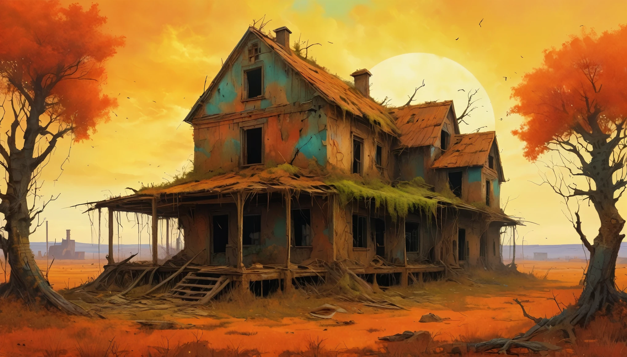 A post-apocalyptic version of the farmhouse with dilapidated structures, overgrown vegetation, and a desolate atmosphere. Style of Zdzislaw Beksinski. Hyper realistic photo, vibrant colors, 16k