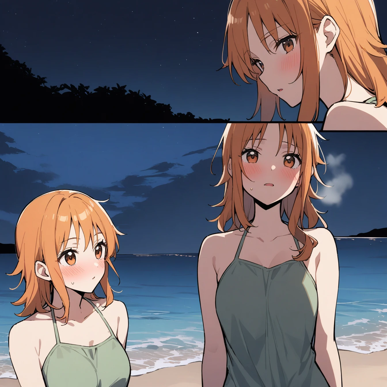 1 Girl, Nami, Ocean贼王, Solitary, Viewers, outdoor, night, Ocean, Beach,blush, breathe, avatar,Half Body,comics,angle, masterpiece, best quality