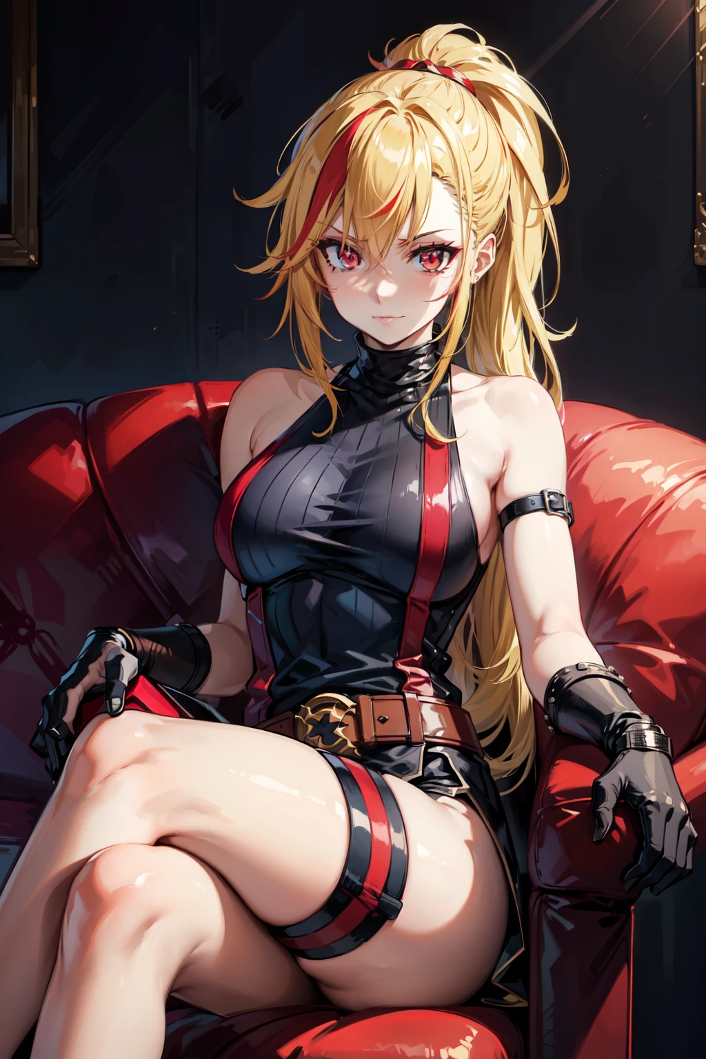 (masterpiece, best quality:1.2), red glowing eyes, red eyes, the eyes are red, perfect face, , strong make up, highres, 1 girl, solo, ultra long ponytail, (female:1.5), strife, blonde hair, shoulder armor, sleeveless turtleneck, suspenders, belt, gloves, bracer pre potent smile, crossing legs, crossing arms , evil smile, evil pose, sitting, portrait, looking at viewer, Her hair is streaked with lots red and blonde highlights, tribal tattoo on the shoulder
