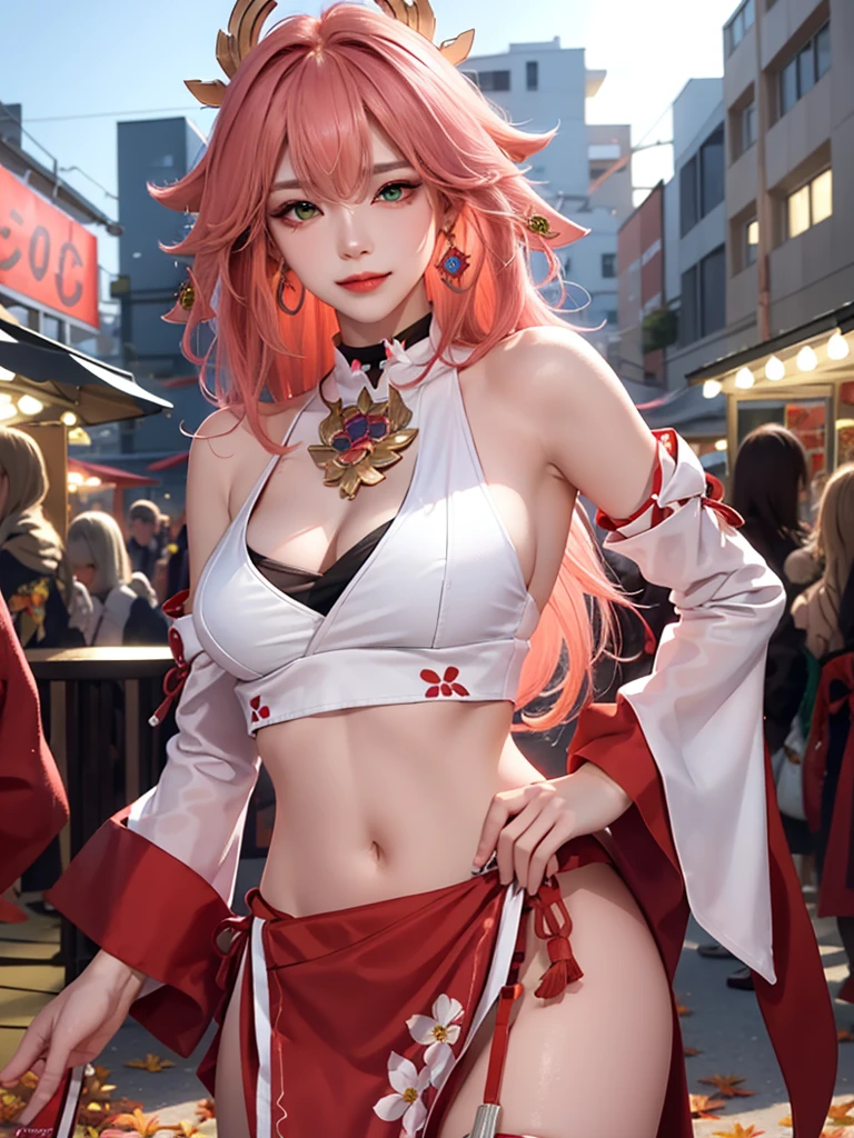 ((autumn background))), ((market place background)))), (((luminous background))), (Masterpiece, Excellent, 1girl, solo, complex details, color difference), realism, ((medium breath)), off-the-shoulders, big breasts, sexy, Yae Miko, long pink hair, red headdress, red highlight, hair above one eye, green eyes, earrings, sharp eyes, perfectly symmetrical figure, choker, neon shirt, open jacket, turtleneck sweater, graffiti, dim lighting, alley, looking at the audience, ((mean, seductive, charming)), (dynamic pose), tulle, bare shoulders, blooming flower fields, radiant skin, faint smile, sexy, bust, no breast cover, naked, cocked ass, tummy look, 16k, realistic, japanese idol