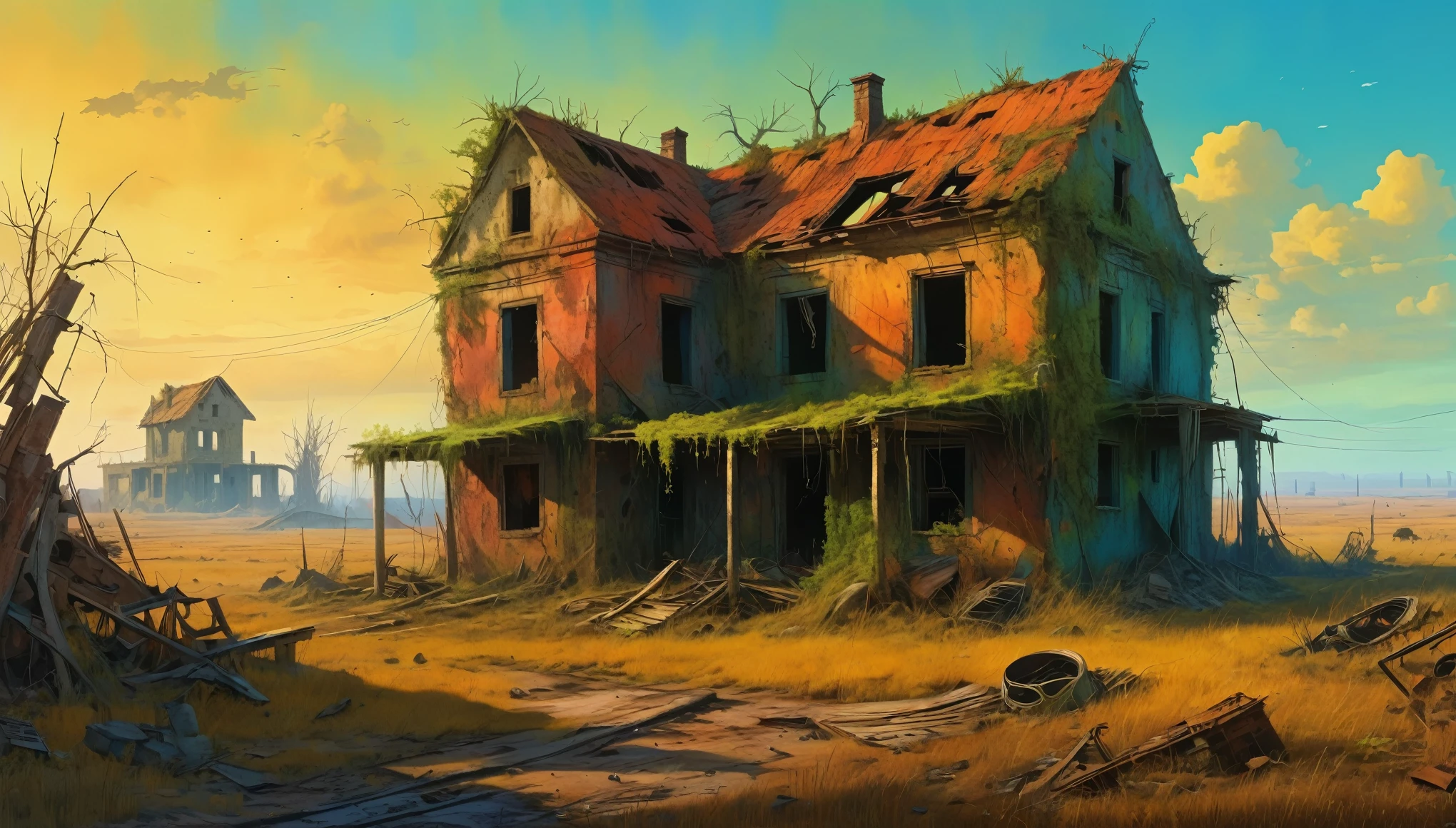 A post-apocalyptic version of the farmhouse with dilapidated structures, overgrown vegetation, and a desolate atmosphere. Style of Zdzislaw Beksinski. Hyper realistic photo, vibrant colors, 16k
