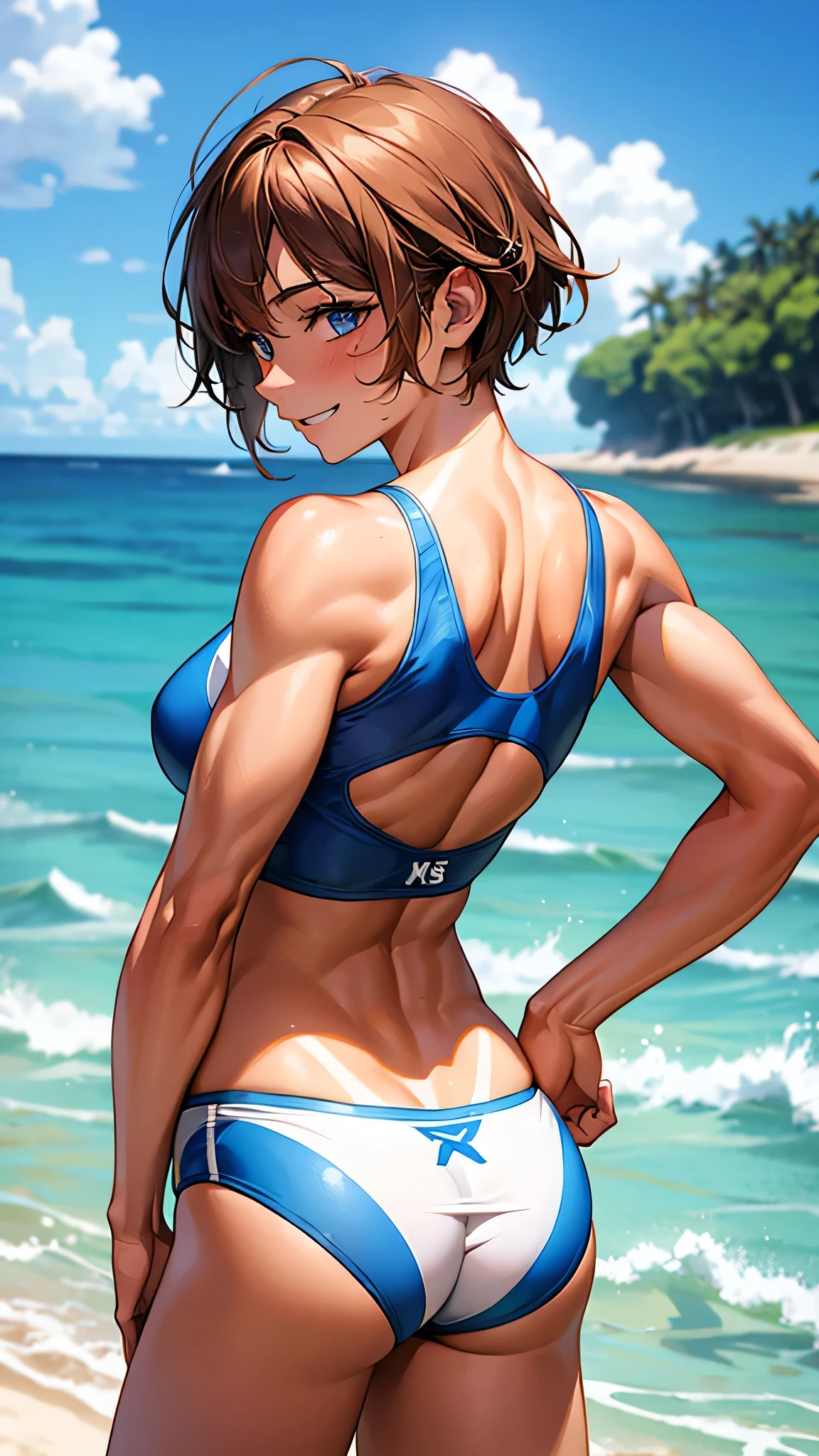 highest quality、Realistic、female、zoom、Chestnut Hair、Blue Eyes、short hair、athlete、muscle、Swimwear、athlete、muscle、Abdominal muscles、Sunburned、Tan、Brown Skin、Back view、Looking back、smile、Ocean、Looking down、、Bust Shot、　