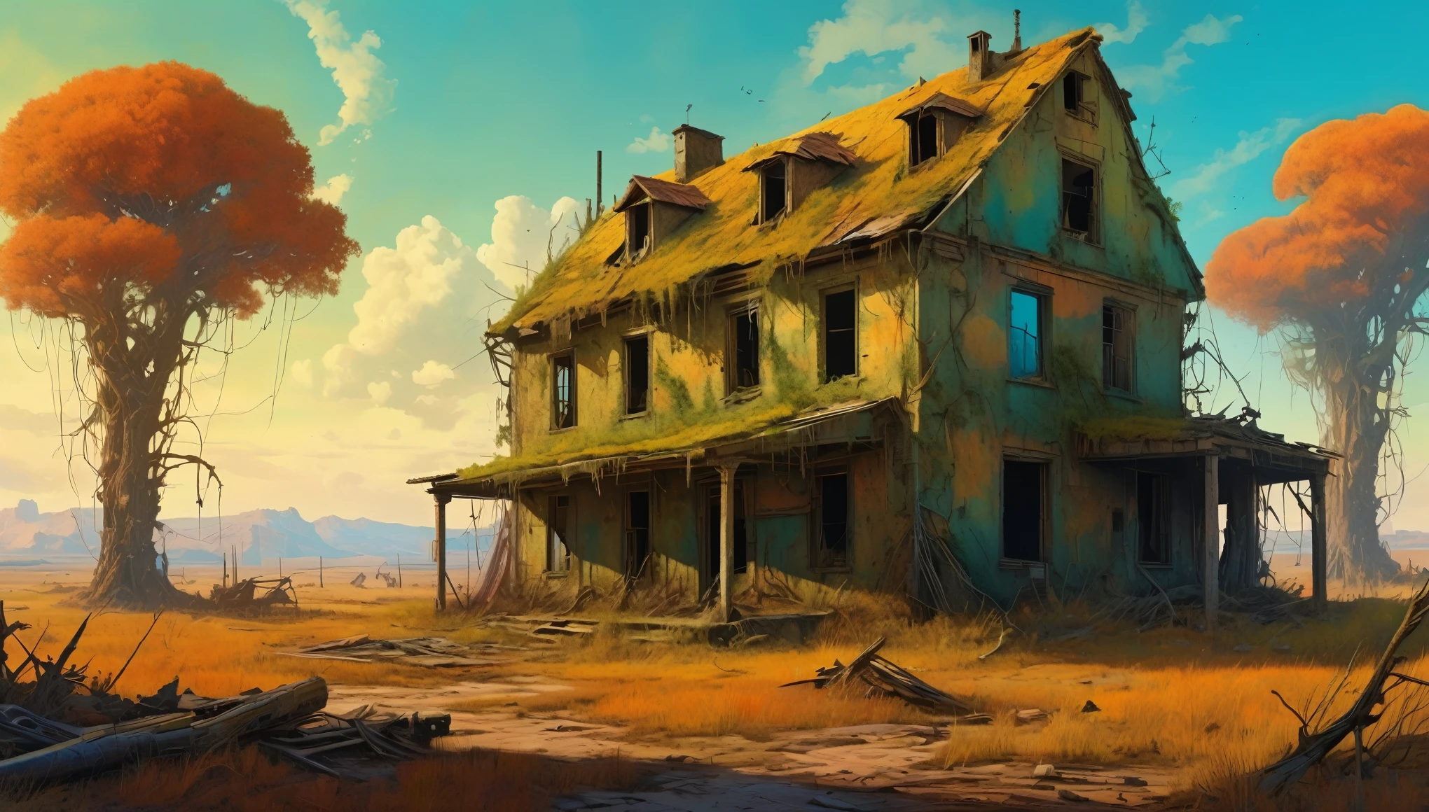 A post-apocalyptic version of the farmhouse with dilapidated structures, overgrown vegetation, and a desolate atmosphere. Style of Zdzislaw Beksinski. Hyper realistic photo, vibrant colors, 16k