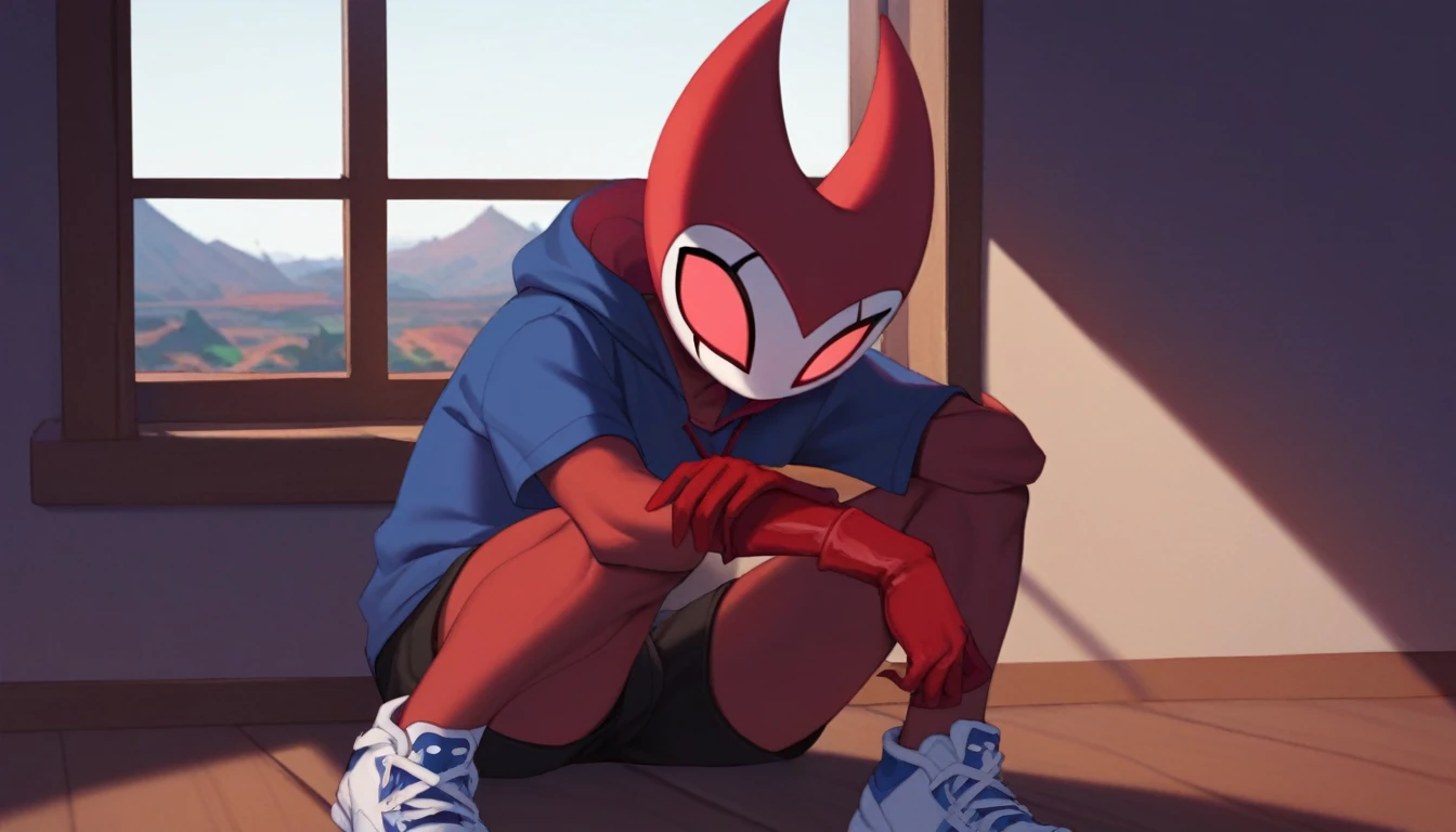 score_9, score_8_up, score_7_up, score_6_up, zPDXL2, grimm \(hollow knight\), vampire, bat, 1boy, solo, cute face, detailed eyes, anthro, near the window, landscape, looking at the viewer, highlight thighs, medium shot portrait, red sports gloves, sneakers, profile picture, blue hooded sweatshirt, shorts, pov