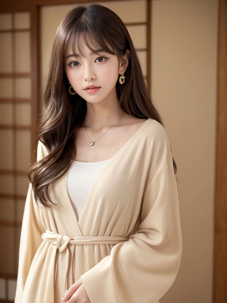  ((Highest quality, 8K, masterpiece:1.3)), concentrate: 1.2, Perfect body beauty: 1.4, Hips: 1.2, ((Long Hair, chest: 1.2)), (Dry clothes: 1.1) , (clear, Simple Background:1.3), Simple clothes: 1.1, Highly detailed face and skin texture,Delicate eyes, double eyelid, Whitened skin, Rough skin、Long Hair、Earrings with bangs、necklace、 solo、Beige coat、White shirt,  (((Beautiful girl with cute Japan)))、  ((Beautiful Japanese girl 20 years old))、 ((Baby Face))、 (((Slender body)))、  Upper Body，Face focus、necklace，Simple Background，From above， Realistic Hair、 A photograph was taken:Canon EOS R6、135mm、1/1250 seconds、f2.8、ISO400、(Detailed explanation of the hand)、(Masseter muscle area)、(Exquisite CG)、Long Hair, loose and curly hair、Korean Hair、Long Hair明るいベージュ色、グラデーションハイライトグレージュのゆるふわLong Hairスタイル、