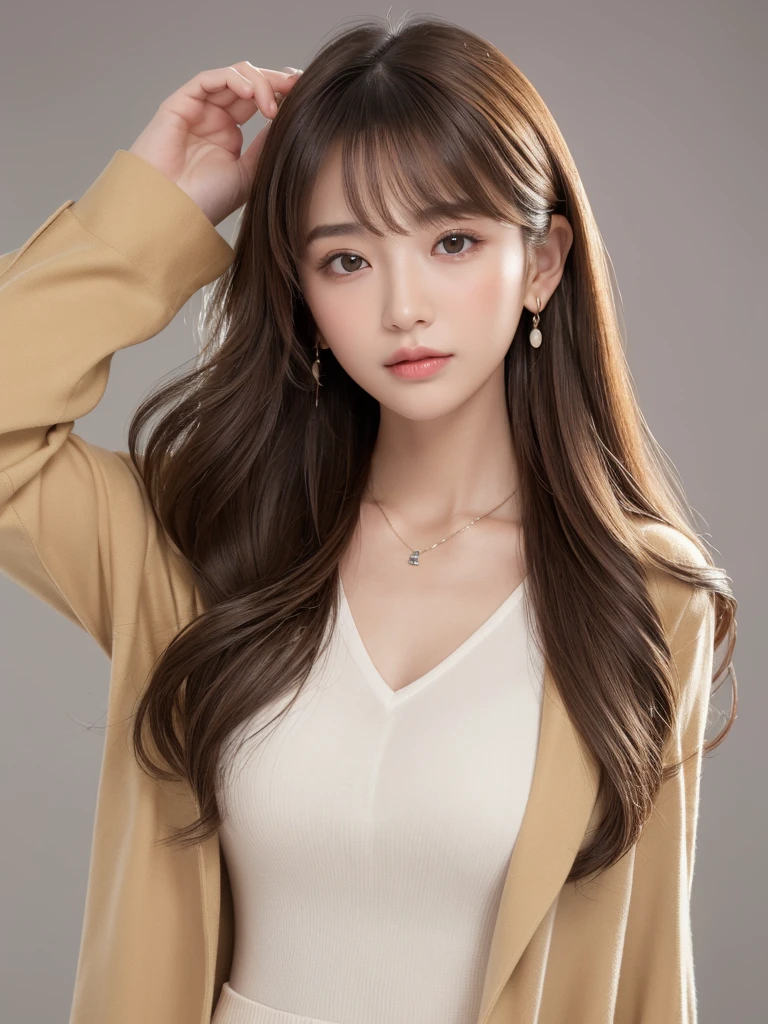  ((Highest quality, 8K, masterpiece:1.3)), concentrate: 1.2, Perfect body beauty: 1.4, Hips: 1.2, ((Long Hair, chest: 1.2)), (Dry clothes: 1.1) , (clear, Simple Background:1.3), Simple clothes: 1.1, Highly detailed face and skin texture,Delicate eyes, double eyelid, Whitened skin, Rough skin、Long Hair、Earrings with bangs、necklace、 solo、Beige coat、White shirt,  (((Beautiful girl with cute Japan)))、  ((Beautiful Japanese girl 20 years old))、 ((Baby Face))、 (((Slender body)))、  Upper Body，Face focus、necklace，Simple Background，From above， Realistic Hair、 A photograph was taken:Canon EOS R6、135mm、1/1250 seconds、f2.8、ISO400、(Detailed explanation of the hand)、(Masseter muscle area)、(Exquisite CG)、Long Hair, loose and curly hair、Korean Hair、Long Hair明るいベージュ色、グラデーションハイライトグレージュのゆるふわLong Hairスタイル、