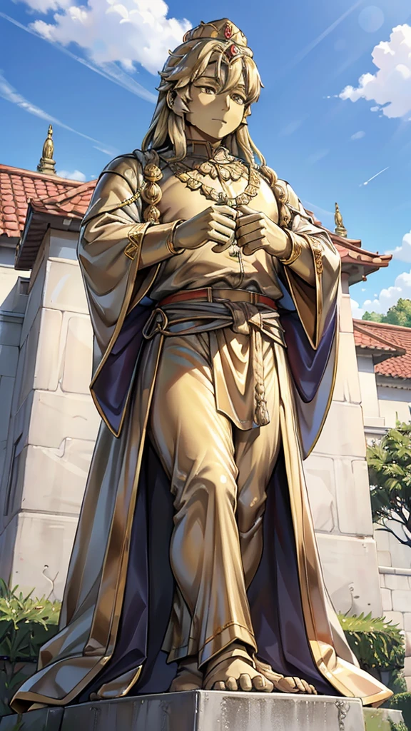 王子的黄金statue，Prince style，Prince costume，宫廷Dress，黄金statue，男孩的黄金statue，带着黄金冠冕的黄金statue，脚边停着一只燕子的黄金statue，金色男孩statue，黄金statue，Long hair，Dress，Dress，西式宫廷男士Dress，可爱男孩statue，statue，statue，Colossus，British style，Victorian style，crown，crown，Golden Boy Sculpture，金色男孩statue，黄金statue，黄金statue，巨大金色statue，巨大金色statue，Outdoor Background，微笑的statue，Close-up above the waist