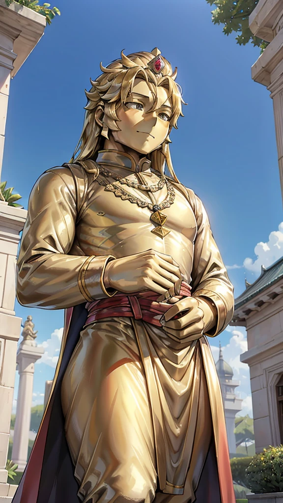王子的黄金statue，Prince style，Prince costume，宫廷Dress，黄金statue，男孩的黄金statue，带着黄金冠冕的黄金statue，脚边停着一只燕子的黄金statue，金色男孩statue，黄金statue，Long hair，Dress，Dress，西式宫廷男士Dress，可爱男孩statue，statue，statue，Colossus，British style，Victorian style，crown，crown，Golden Boy Sculpture，金色男孩statue，黄金statue，黄金statue，巨大金色statue，巨大金色statue，Outdoor Background，微笑的statue，Close-up above the waist