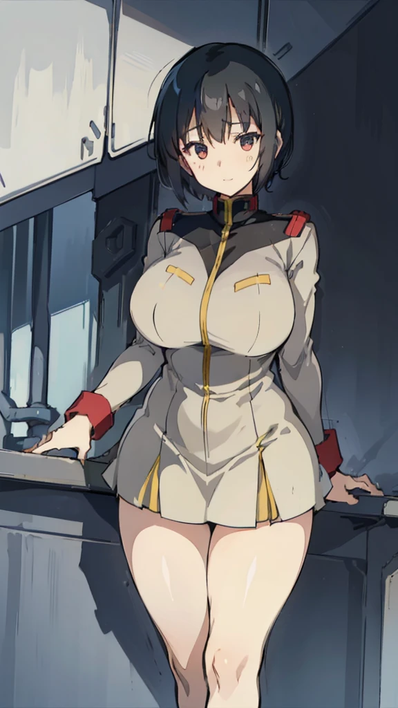 1 girl、Beautiful female officer of the Earth Federation Army、short black hair,Idol-level cuteness、Accurately draw faces、plump figure,Huge Breasts、Healthy Thighs Short Skirt Earth Federation Army、knee height、Battleship bridge interior、anatomically correct、Precise fingers、Precise leaf stone carving、Photoreal,Sunlight,Smile,stockings