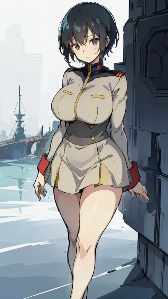 1 girl、Beautiful female officer of the Earth Federation Army、short black hair,Idol-level cuteness、Accurately draw faces、plump figure,Huge Breasts、Healthy Thighs Short Skirt Earth Federation Army、knee height、Battleship bridge interior、anatomically correct、Precise fingers、Precise leaf stone carving、Photoreal,Sunlight,Smile,stockings