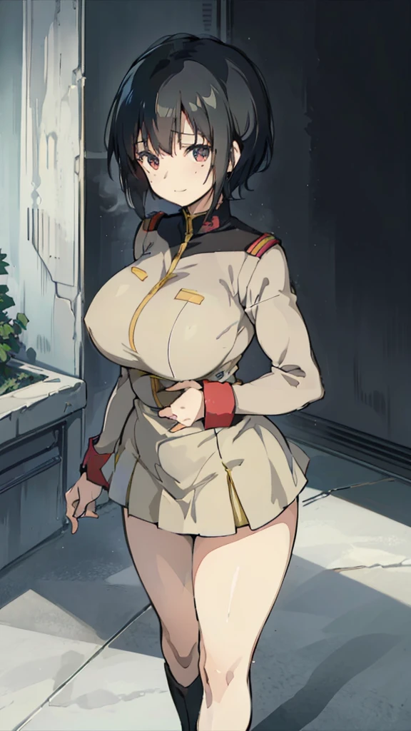 1 girl、Beautiful female officer of the Earth Federation Army、short black hair,Idol-level cuteness、Accurately draw faces、plump figure,Huge Breasts、Healthy Thighs Short Skirt Earth Federation Army、knee height、Battleship bridge interior、anatomically correct、Precise fingers、Precise leaf stone carving、Photoreal,Sunlight,Smile,stockings