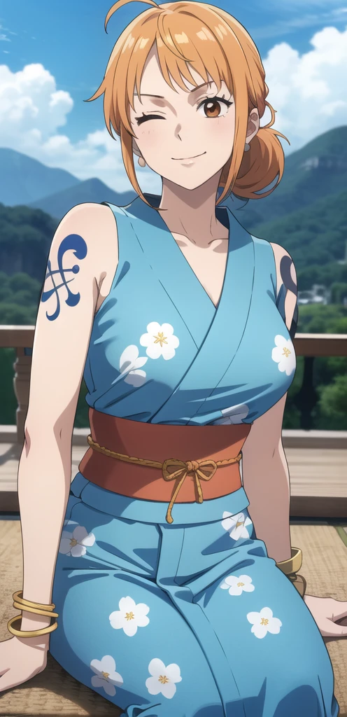 2d, masterpiece, best quality, anime, highly detailed face, highly detailed background, perfect lighting, wano, nami, 1girl, solo, one eye closed, long hair, smile, jewelry, sash, japanese clothes, obi, orange hair, kimono, bow, light blue kimono, flower, flower print, earrings, looking at viewer, sleeveless kimono, ahoge, ribbon, hair bow, sky, day, bracelet, sleeveless, ;\), blue bow, outdoors, breasts, cloud, closed mouth, ponytail, blue sky, brown eyes, orange eyes, left shoulder tattoo, bare shoulders, very long hair, sidelocks, bangs, collarbone, upper body, left arm tattoo, bare arms, official alternate costume, blurry, hand gesture, alternate costume, medium breasts, blurry background, large breasts, eyelashes, mountain, parody, cloudy sky, sitting, shiny hair, bangle, wavy hair, 