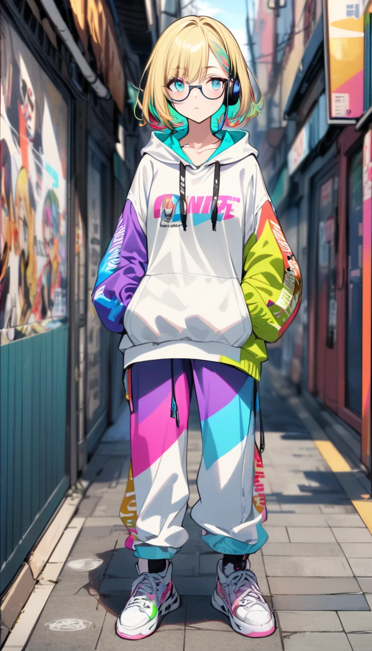 super delicate, delicate eyes, 1girl, boyish, wearing glasses, aqua eyes, blond hair, short hair, colorful inner hair, headphone, hoodie, long pants, sneakers, street
