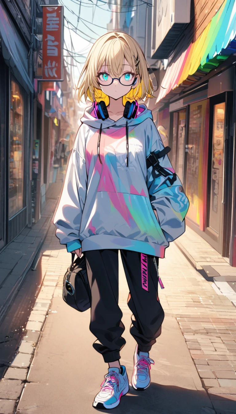 super delicate, delicate eyes, 1girl, boyish, wearing glasses, aqua eyes, blond hair, short hair, colorful inner hair, headphone, hoodie, long pants, sneakers, street
