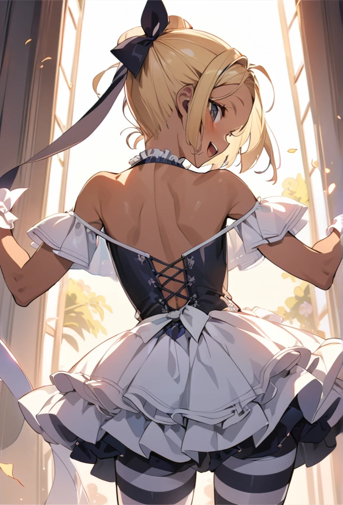 (anime style),masterpiece, best quality, extremely detailed,10Year old,tanned skin,dark skin, Beautiful body,BREAK,multicolored colorful blonde hair,short hair,hair slicked back,BREAK,black eyes,happy smile,open mouth,eyes widen,happiness
smile face,detailed lips,open legs,BREAK,cotton black big ribbon,BREAK, Ballerina costume,striped shorts,off shoulder,frilled clothing microskirt,break,head tilt,hold me pose,in the lest room,back angle