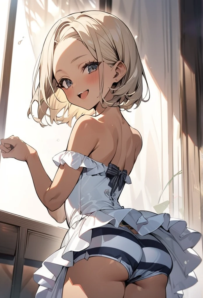 (anime style),masterpiece, best quality, extremely detailed,10Year old,tanned skin,dark skin, Beautiful body,BREAK,multicolored colorful blonde hair,short hair,hair slicked back,BREAK,black eyes,happy smile,open mouth,eyes widen,happiness
smile face,detailed lips,open legs,BREAK,cotton black big ribbon,BREAK, Ballerina costume,striped shorts,off shoulder,frilled clothing microskirt,break,head tilt,hold me pose,in the lest room,back angle