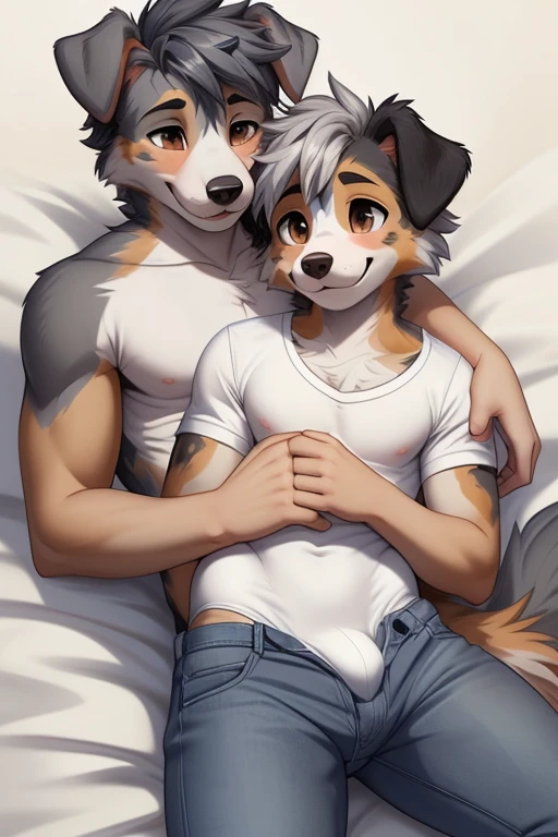 ((SFW)) ((Cute, furry, Australian Shepherd dog boy wearing a sleveless white leotard with a bulge, and light gray thigh-high socks, best quality)) ((cuddling)) ((Cute, furry, gray wolf boy, who is shirt less and wearing blue jeans, best quality))
