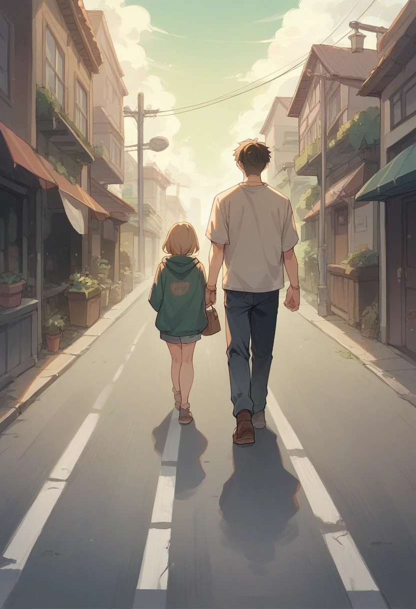 a one couple Boy and girl walk on road said and boy holding girl hand