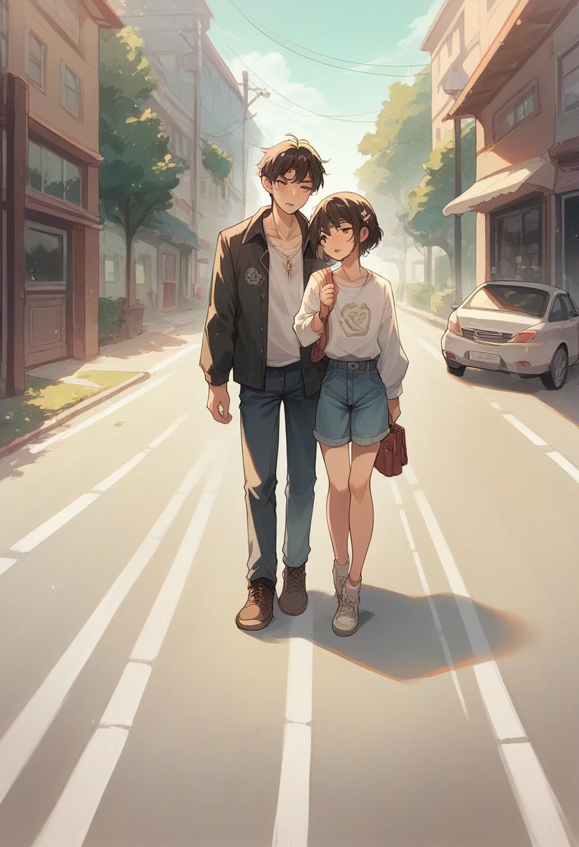 a one couple Boy and girl  walk on road said and boy holding girl hand