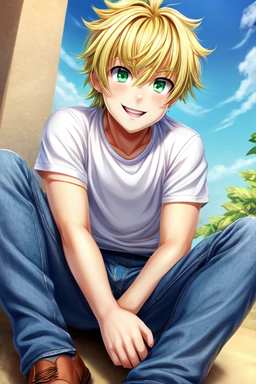 anime model of a blonde boy, With bright green eyes, dressed in a white shirt and blue jeans, Brown shoes, a beautiful and bright smile, a face as cute as that of a god and beautiful