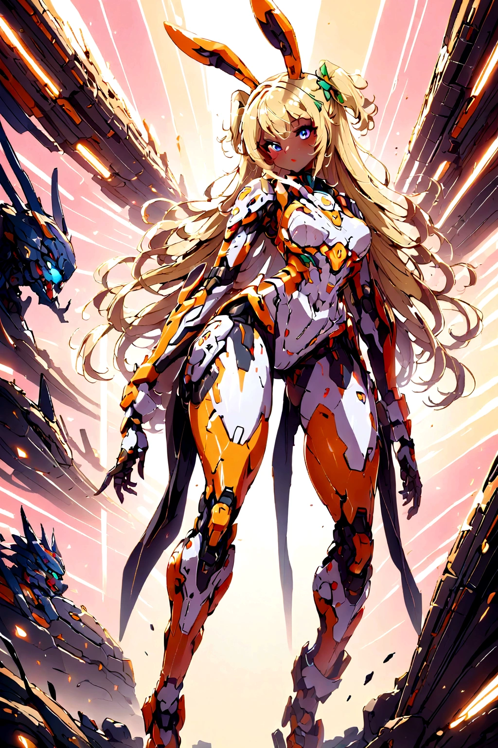 Mecha suit, Monster girl, bunny girl, voluptuos, dark skin, blonde hair, blue eyes, expression of mockery