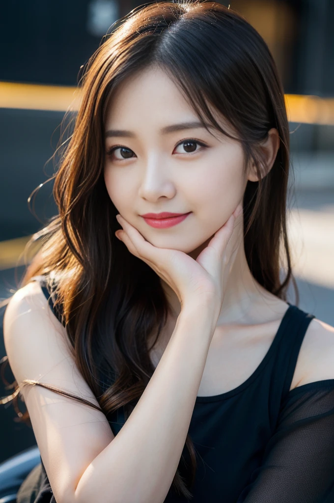 (8K, RAW Photos, Highest quality、masterpiece:1.2), (Realistic、Realistic:1.37), Very detailed, High resolution, 1 girl, smile, View your viewers, Brush your hair up, Black Dress, Beautifully detailed face、Beautiful and detailed skin、Skin Texture、Floating Hair、Professional Lighting, noon