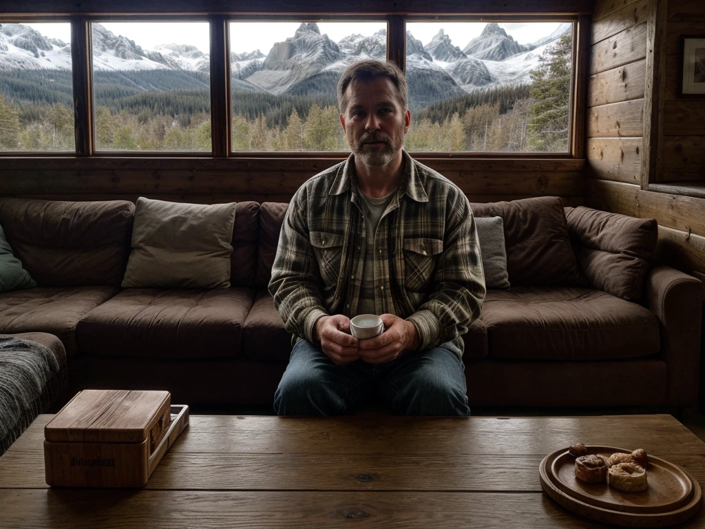 A 45-year-old white father in the living room of a Pacific Northwestern cabin, detailed faces, detailed eyes, well-groomed wilderness haircut, Patagonia clothes, 8k, hyperrealistic, photorealistic, cinematic lighting, chiaroscuro, warm color tones, natural sunlight, cozy atmosphere, rustic interior, wooden furniture, plaid patterns, earth tones
