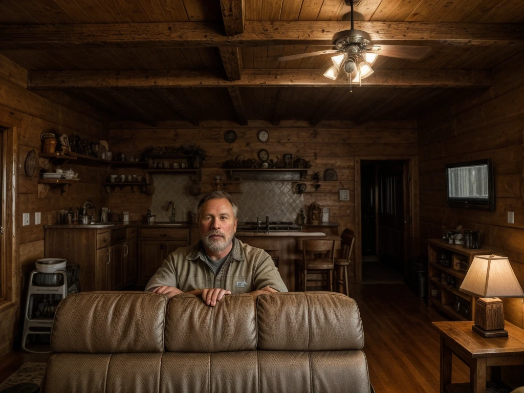 A 45-year-old white father in the living room of a Pacific Northwestern cabin, detailed faces, detailed eyes, well-groomed wilderness haircut, Patagonia clothes, 8k, hyperrealistic, photorealistic, cinematic lighting, chiaroscuro, warm color tones, natural sunlight, cozy atmosphere, rustic interior, wooden furniture, plaid patterns, earth tones