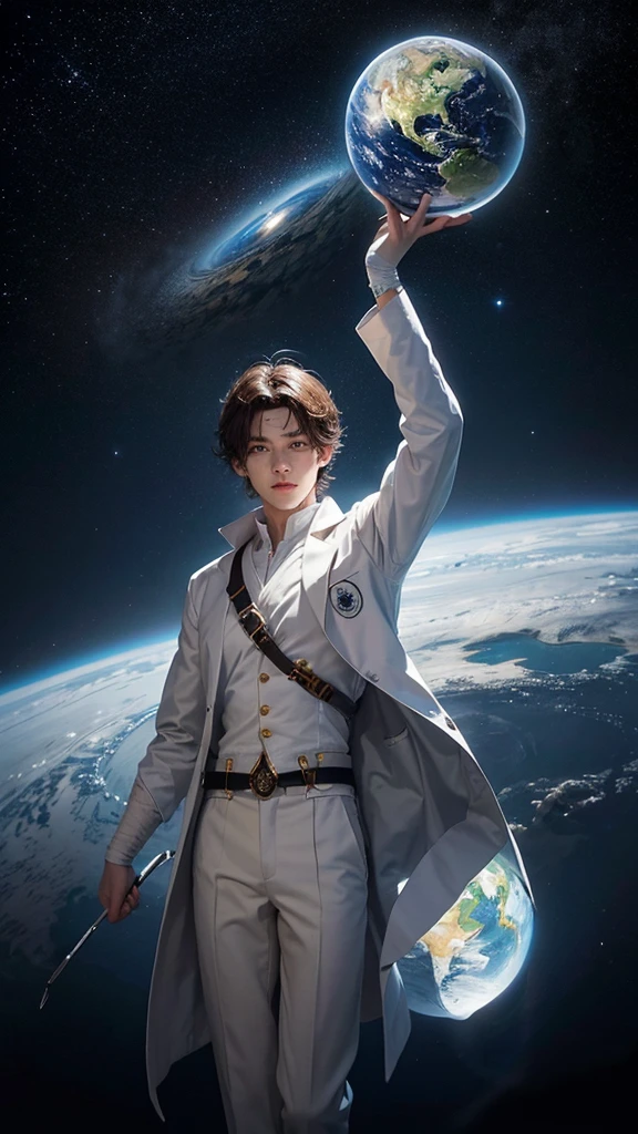 The image shows an illustrated character dressed in a white lab coat with his head bandaged, and on the bandages there is drawn a symbol of an eye. The character is holding the Earth in his hands, which is illuminated on one side, suggesting that sunlight illuminates the planet. The background is dark with a starry sky, emphasizing the globe and the character. In general, gives the impression of being a mysterious figure with some kind of control or influence over Earth.